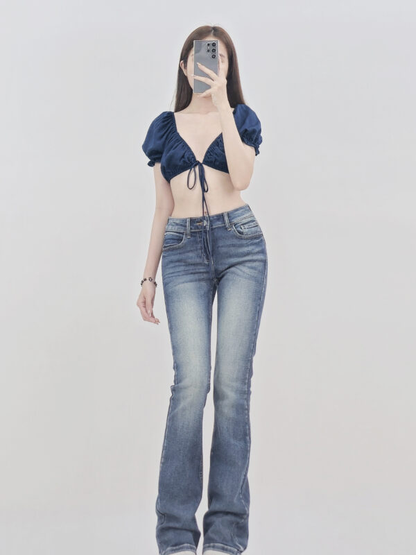 Áo croptop Active USA tay phồng nhún thun sau cột nơ trước