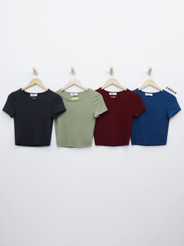 C8944 - Áo croptop Double thun gân cổ tròn tay ngắn trơn